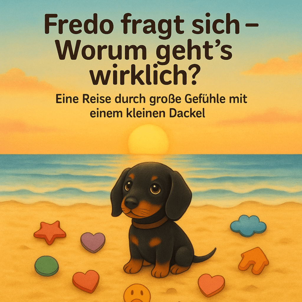 Buchcover mit Dackel Fredo am Strand vor dem Meer mit Sonnenuntergang der sich fragt "Worum geht`s wirklich?"
